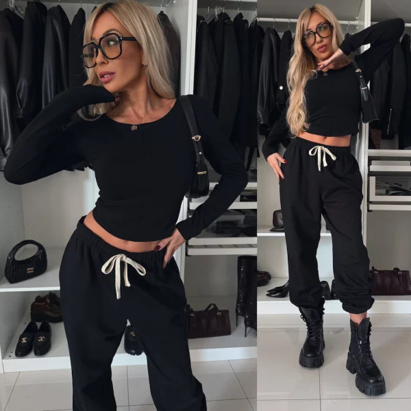 Women's Solid Color Crop Top and Elastic Waist Pants 2-Piece Set