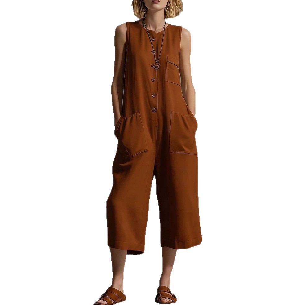 Round Neck Sleeveless Cropped Jumpsuit with Half Button Front and Pockets