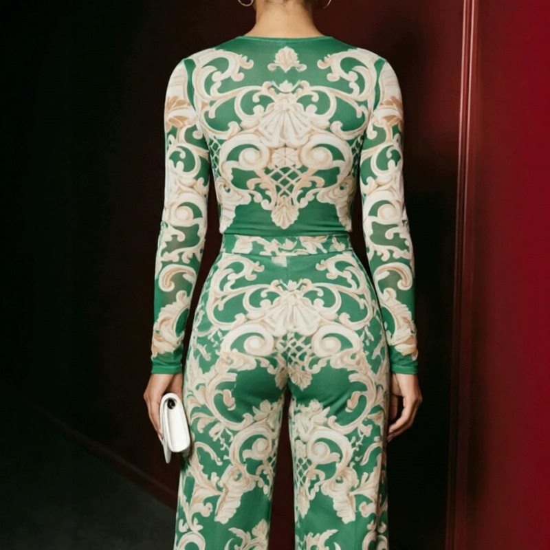 Floral Print Long Sleeve High Waist Two-Piece Pants Set