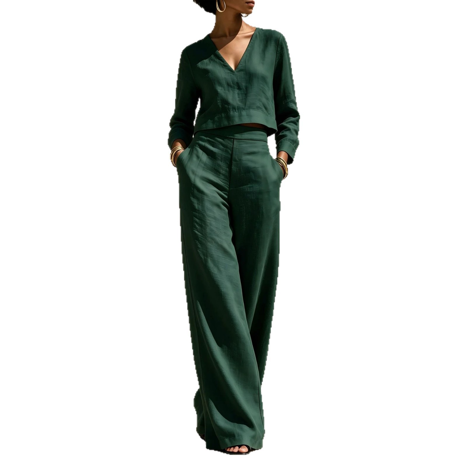 Women's Linen-Blend V-Neck Long-Sleeve Crop Top & High-Waist Wide-Leg Pants Set