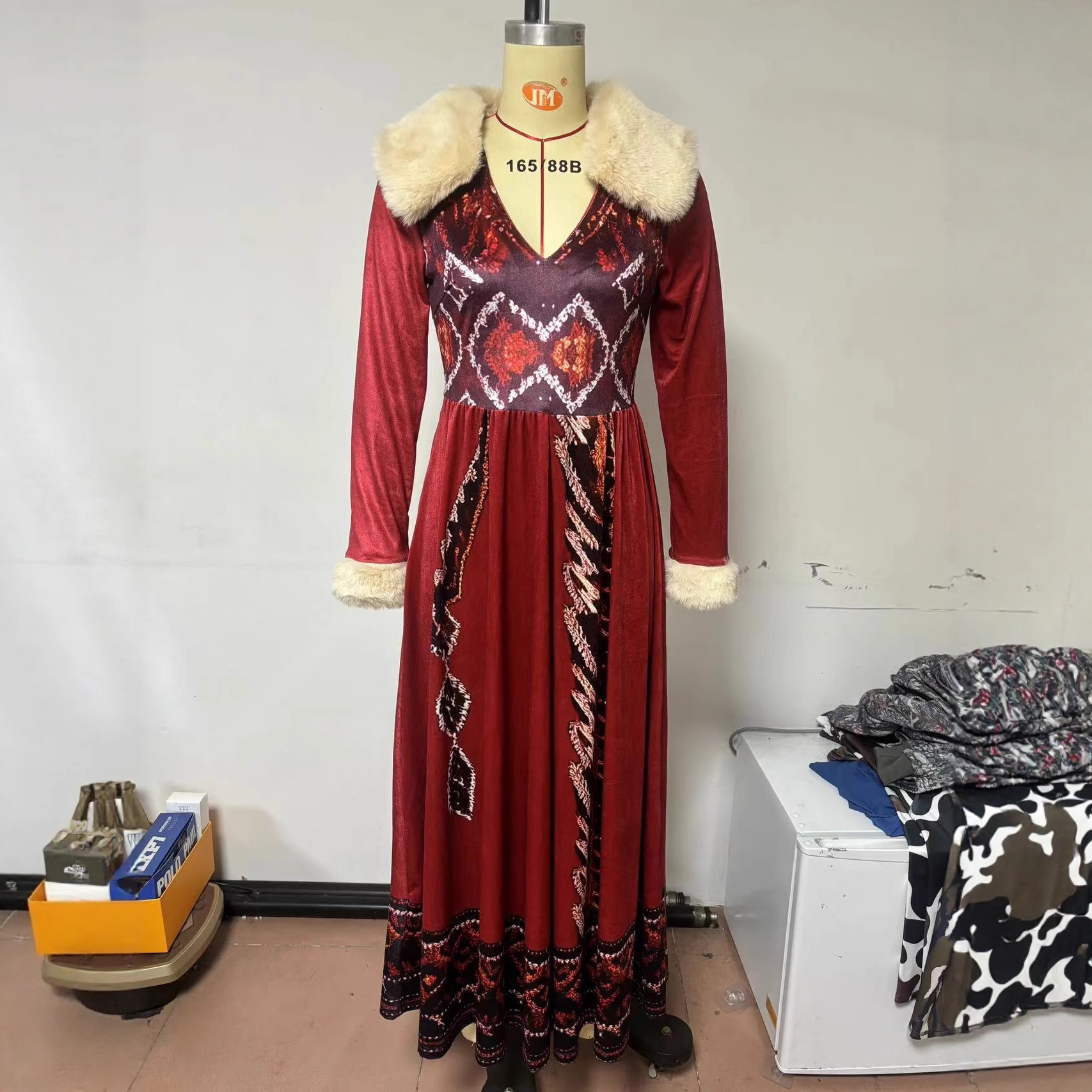 Women's Long Sleeve Digital Print Faux Fur Collar Fleece Long Padded Dress