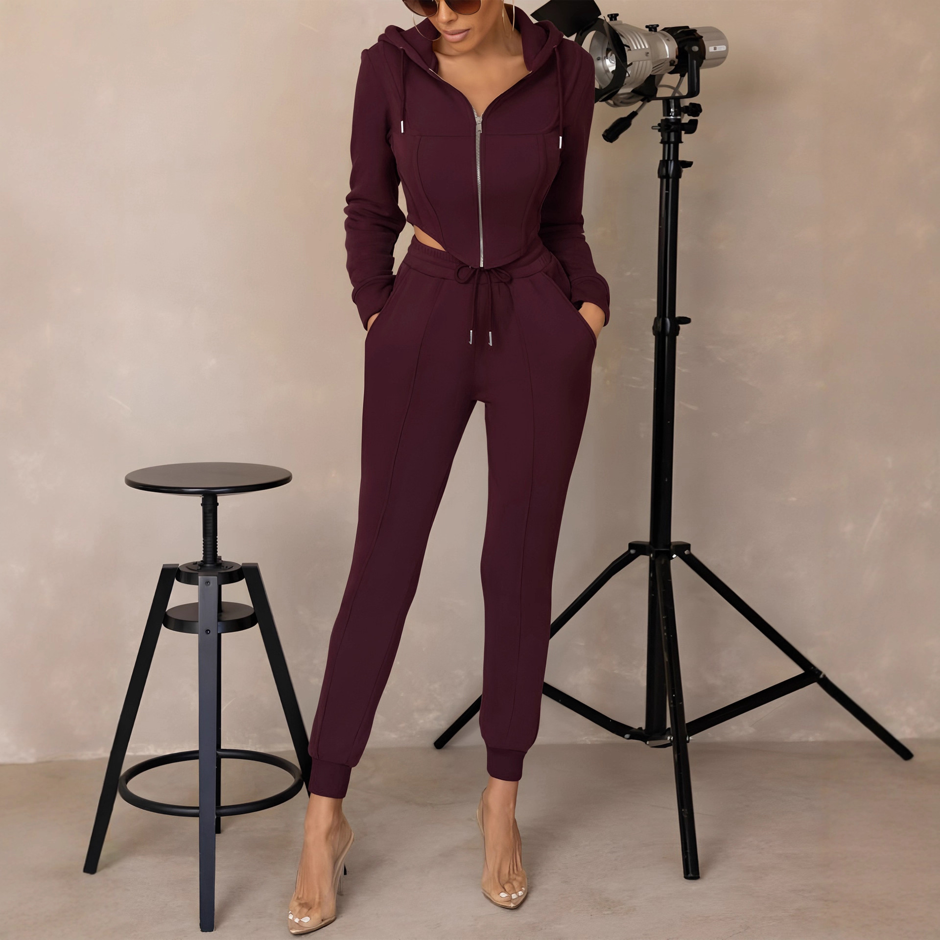 Women's Hooded Zip-Up Cropped Sweatshirt & Jogger Set
