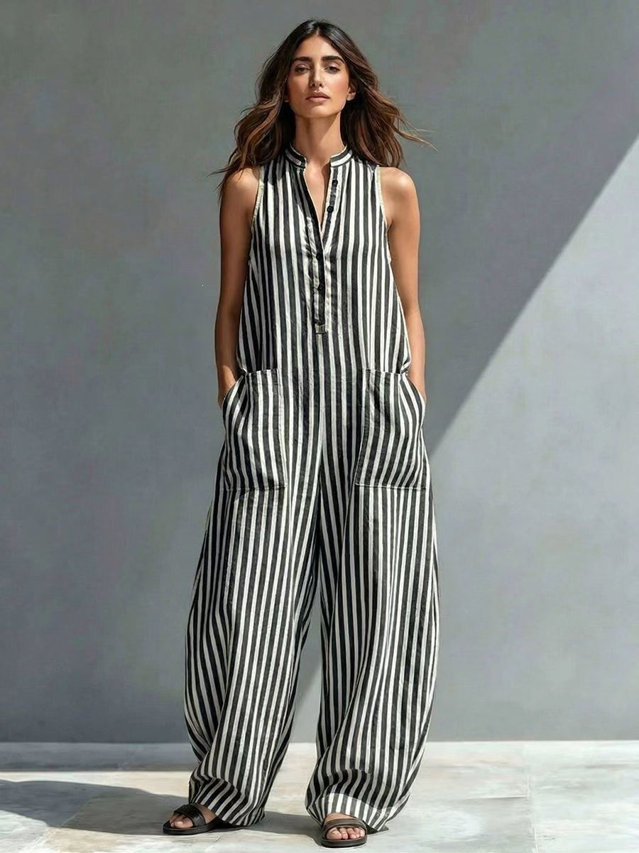 Summer Striped Print Sleeveless Wide-Leg Jumpsuit