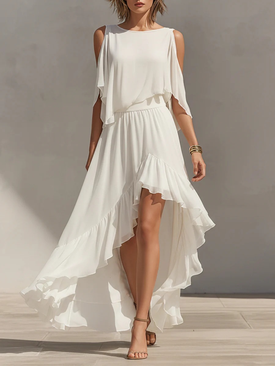 Flowy Ruffle High-Low Maxi Dress with Round Neck