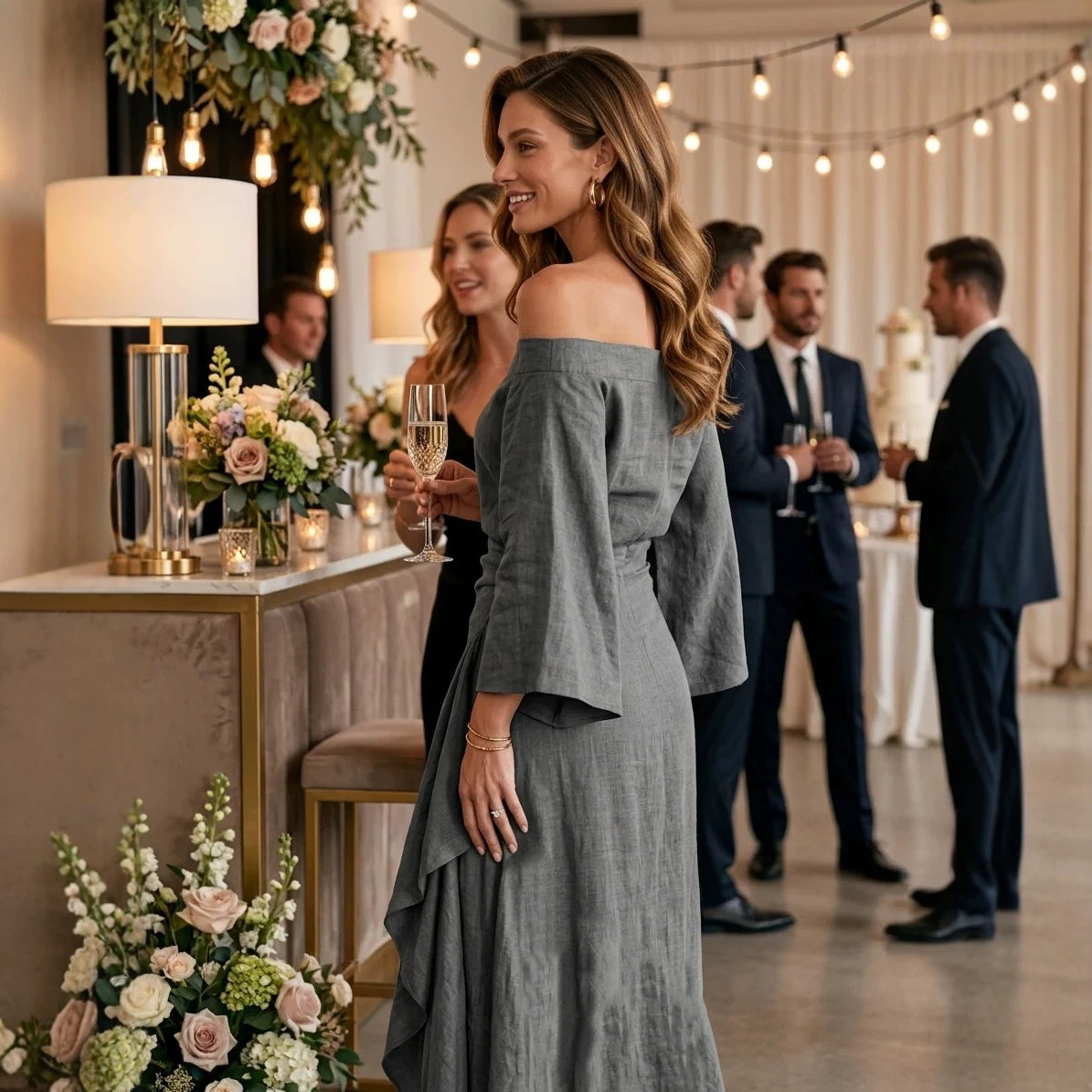 Off-Shoulder Linen-Blend Maxi Dress with Ruffles and Asymmetric Hem