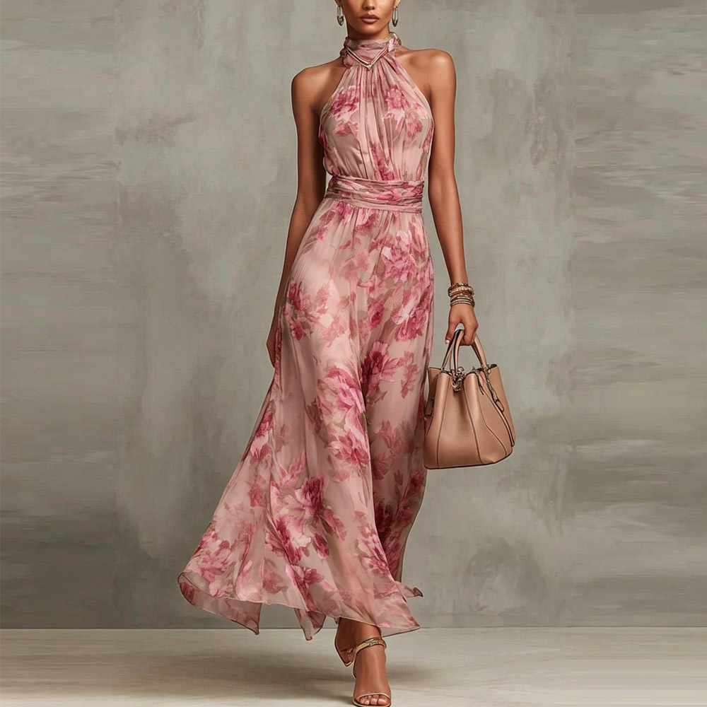 Women's Bodycon Mesh Floral Print High Slit Cami Long Dress