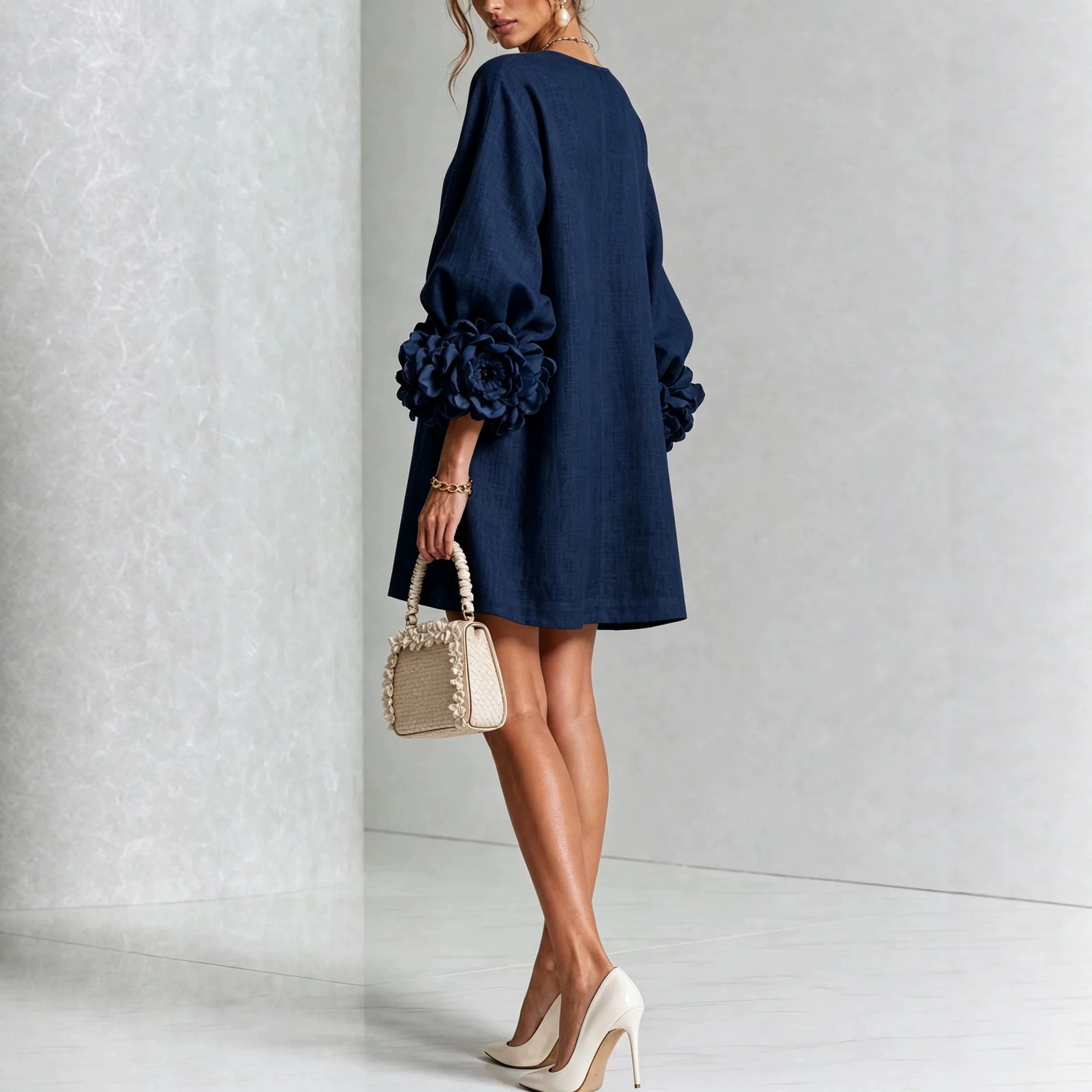 French 3D Floral Lantern Sleeve Cotton-Linen Dress Round Neck Button Front Loose Short