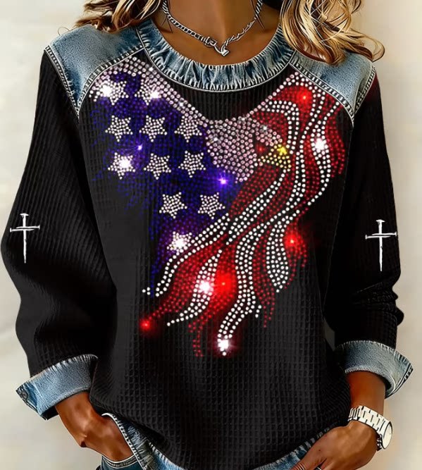 3D Print Denim Collar Waffle Knit Pullover Sweatshirt Women's Loose Fit