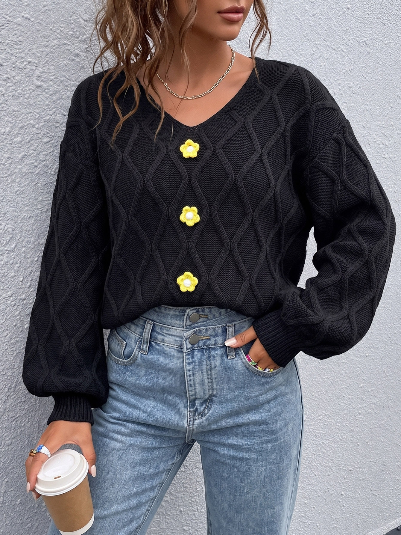 Women's Retro V-Neck Diamond Knit Sweater with Lantern Sleeves