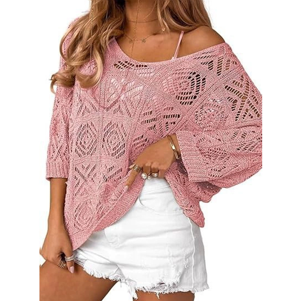 V-Neck Diamond Crochet Hollow-Out Knit Top with Dolman Sleeves
