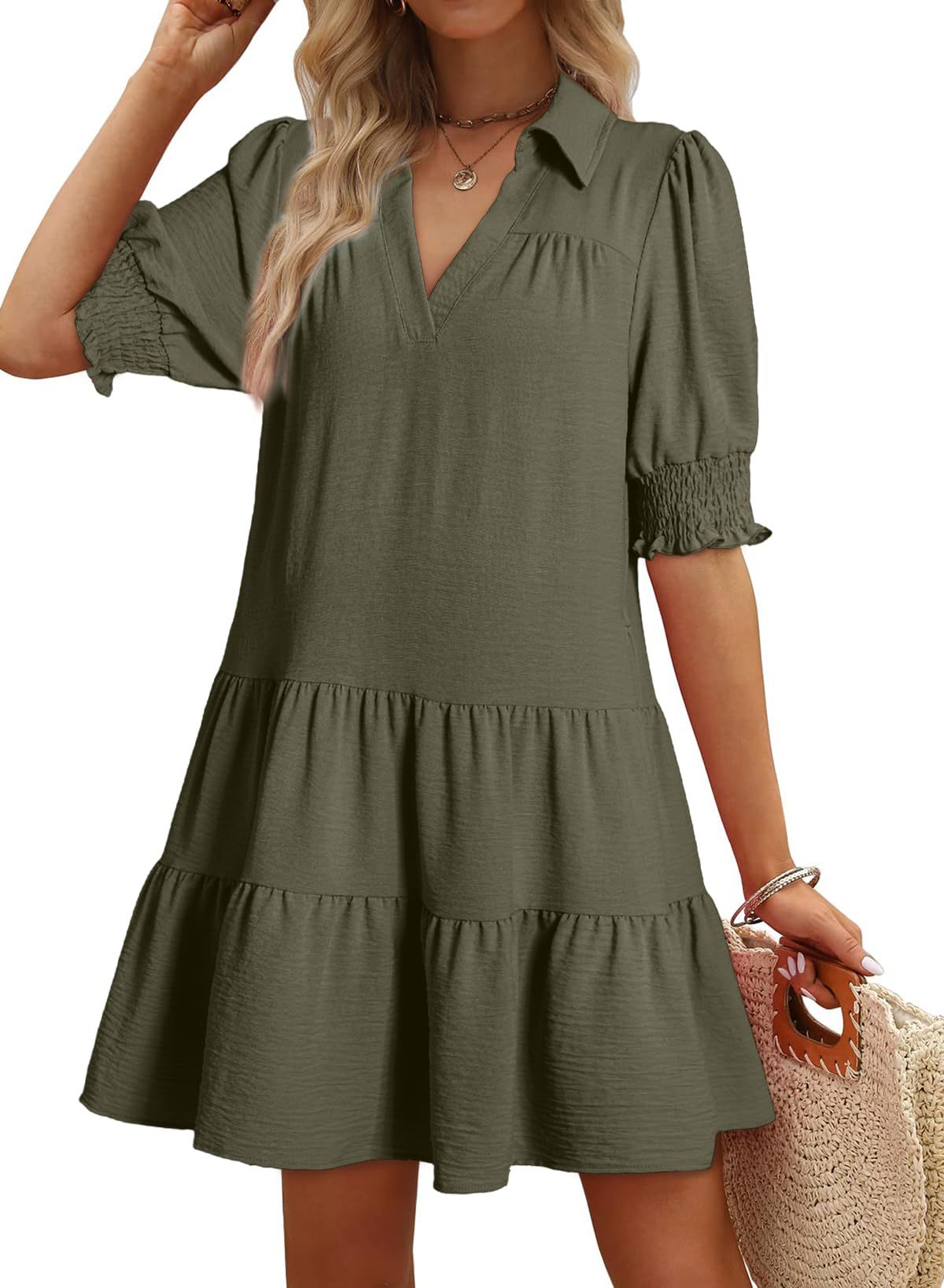 Women's Ruched V-Neck Colorblock Puff Sleeve Midi Dress