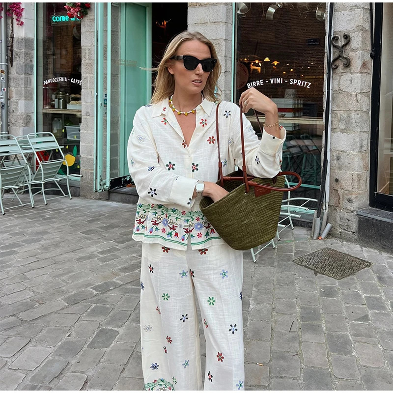 Women's Embroidered Collared Shirt & Casual Pants Set
