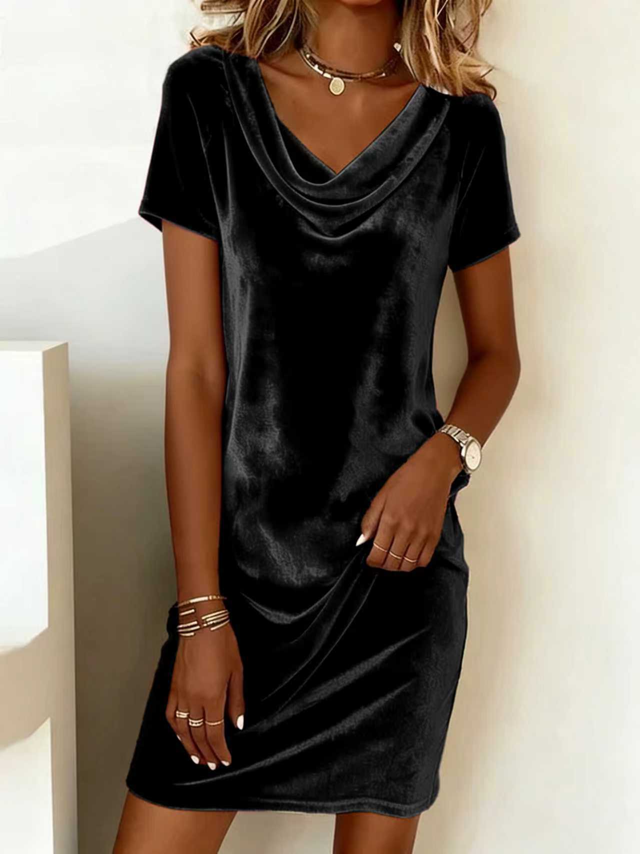 Women's Cowl Neck Velvet Midi Dress Slim Fit Elegant