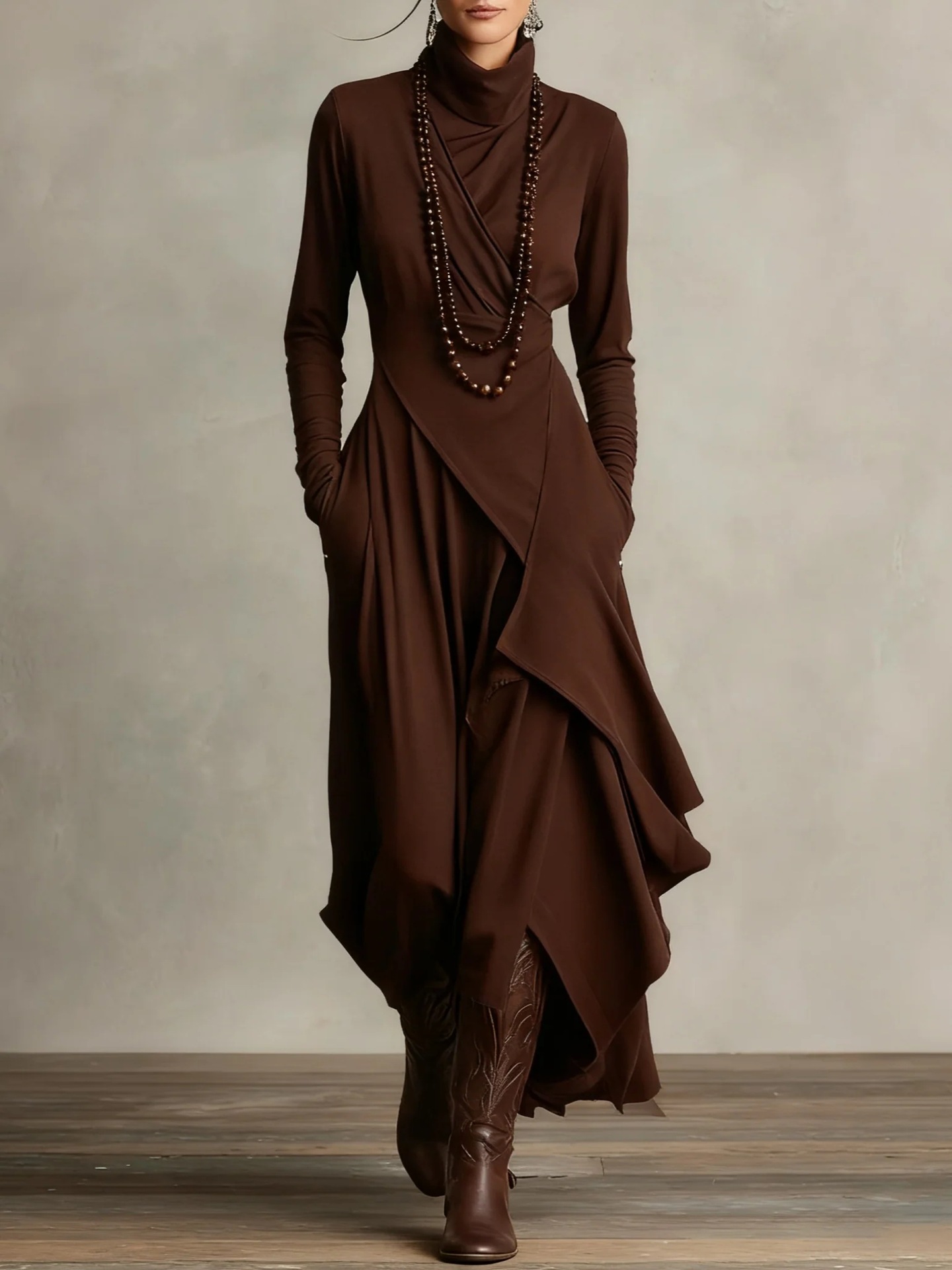 Women's Long Sleeve Cross Front High Neck A-Line Maxi Dress
