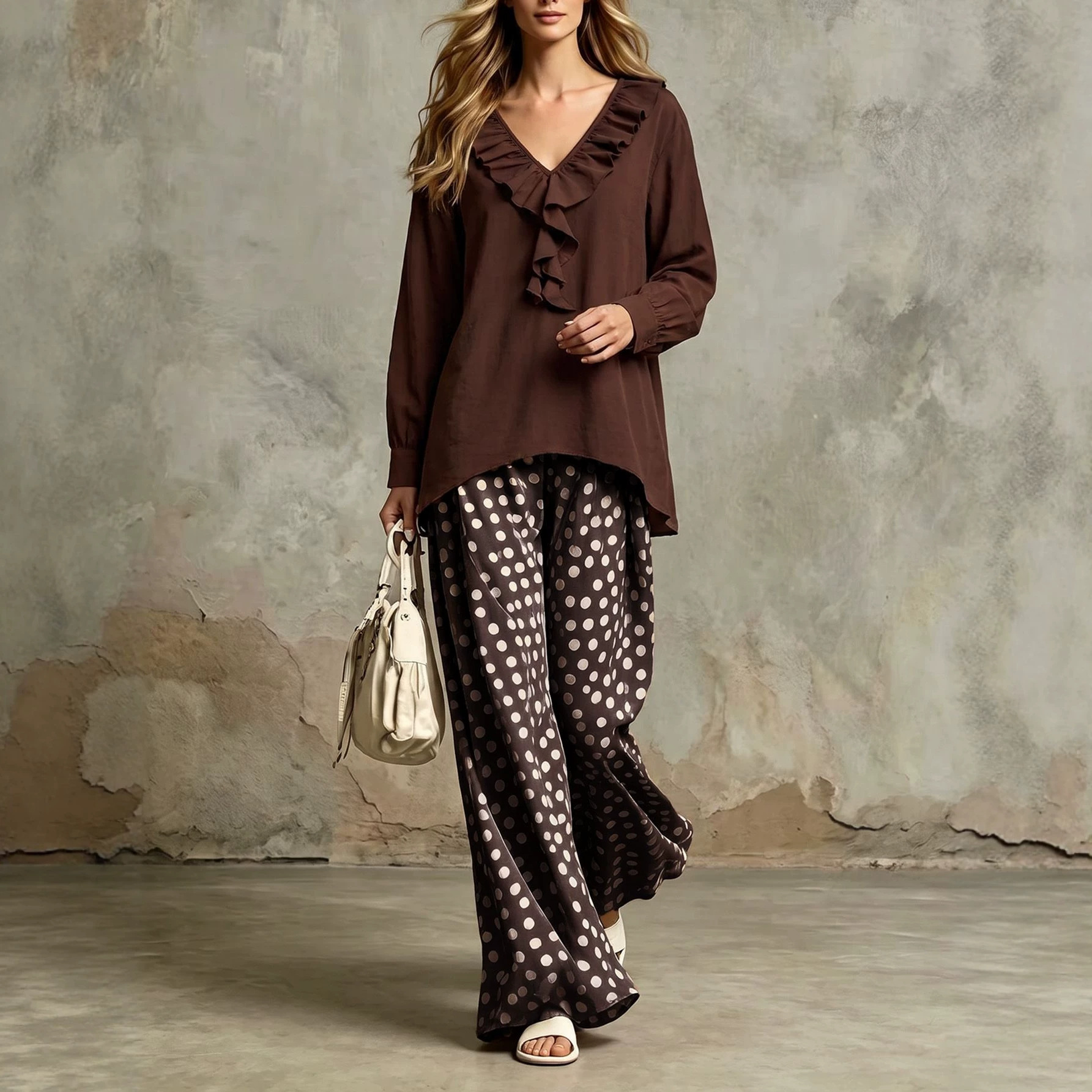 Ruffle V-Neck Long Sleeve Shirt and Pants Two-Piece Set