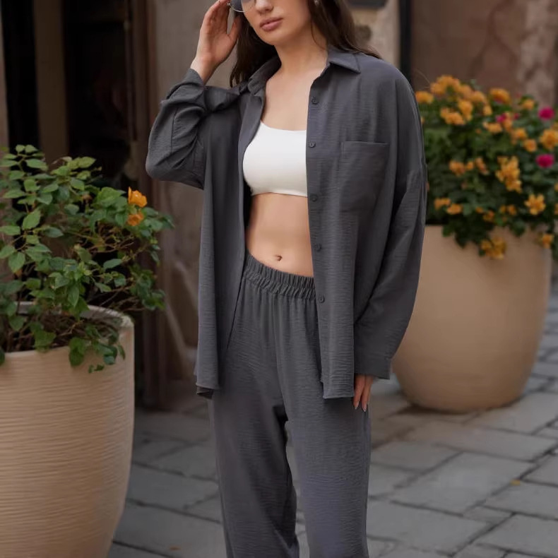 Women's Solid Color Collared Long Sleeve Shirt and High Waist Pants Set