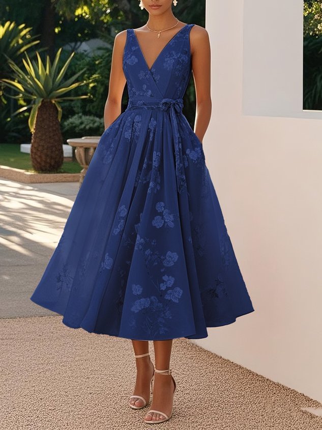 Sleeveless V-Neck Digital Print Midi Dress