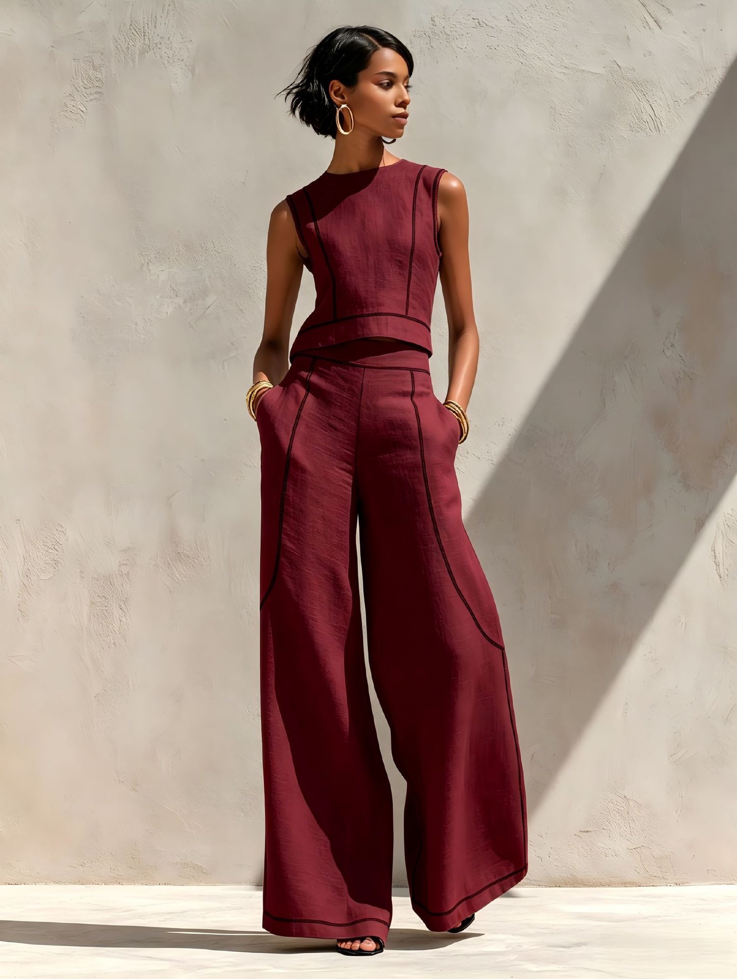 Women's Sleeveless Colorblock Wide-Leg Pants Set Casual Two-Piece