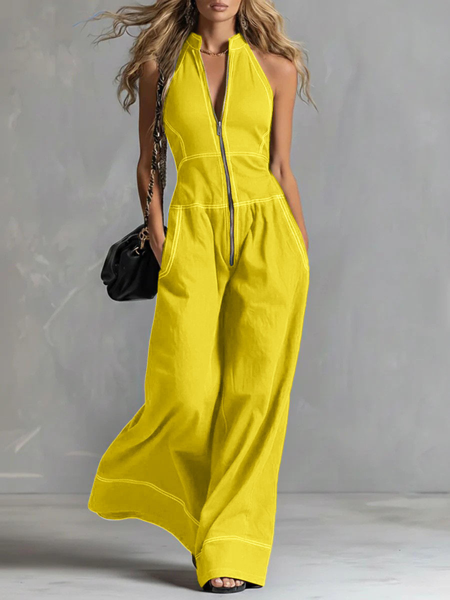 Women's Sleeveless Stand Collar Wide-Leg Jumpsuit
