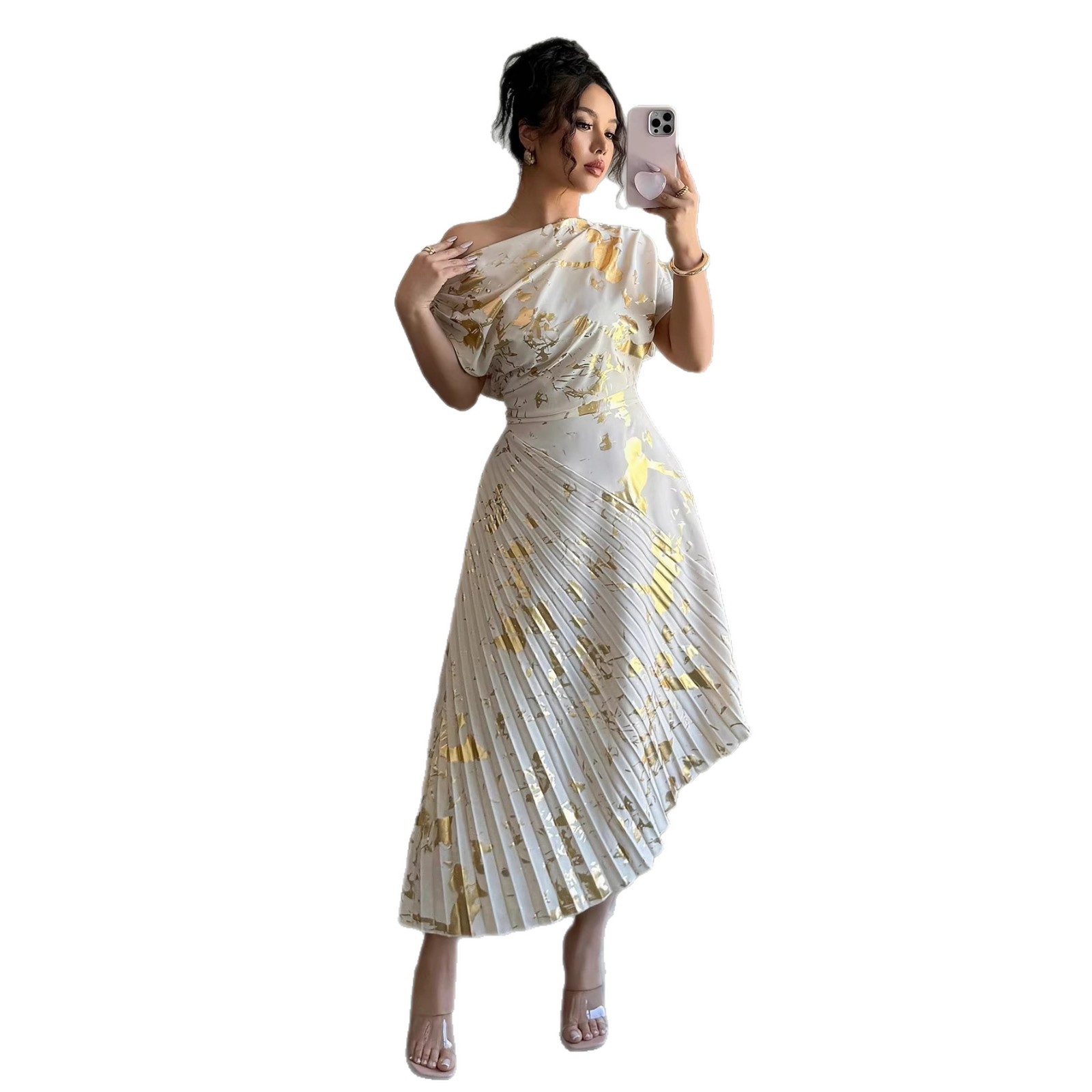 Women's One-Shoulder Dress with Gold Foil Floral Print, Short Sleeve, Cinched Waist, Asymmetric Pleated Midi