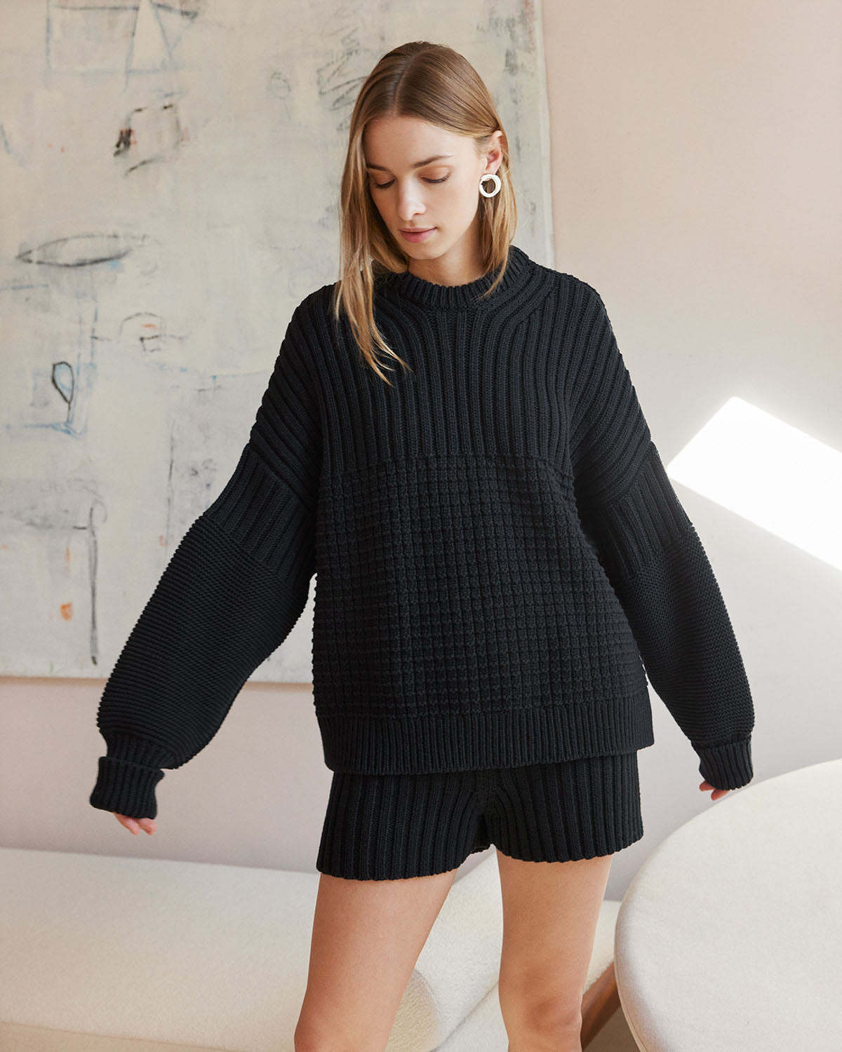 Women's Knit Crewneck Long Sleeve Loose Casual Shorts Two-Piece Set