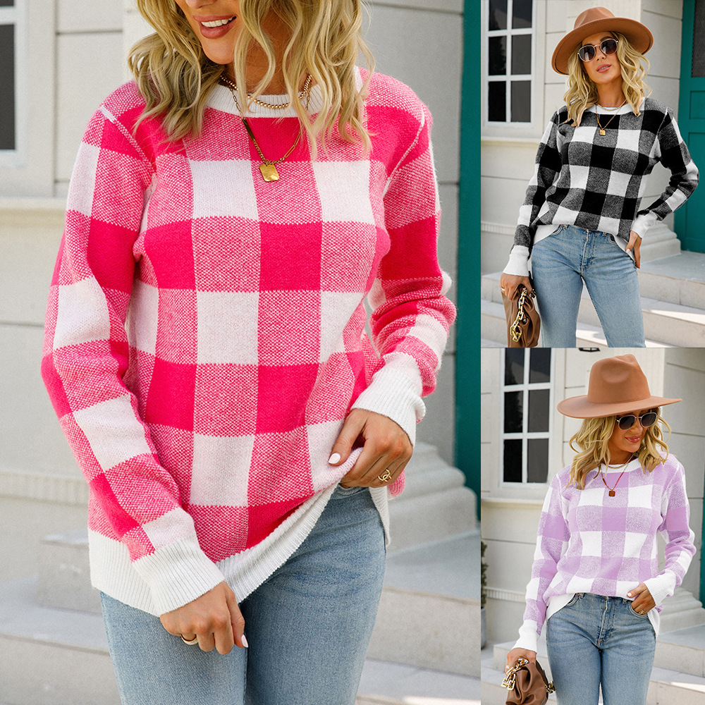 Winter Long Sleeve Crewneck Plaid Knit Pullover Sweater
