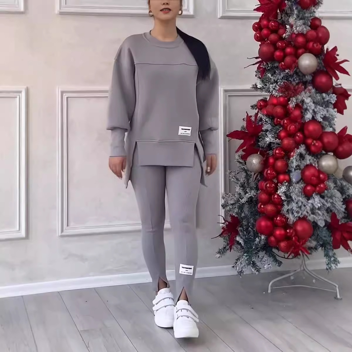 Irregular Long-Sleeve Geometric Print Hoodie and Leggings Set