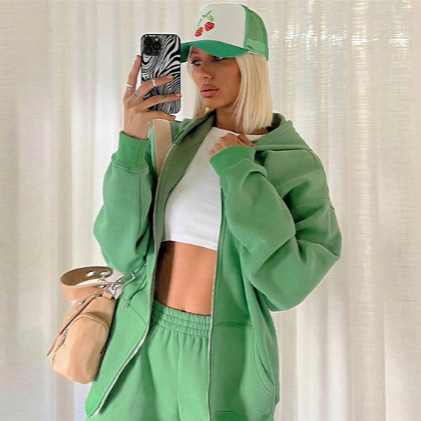 Women's Casual Hooded Tracksuit Set Solid Color Loose Zip Hoodie and Jogger Pants