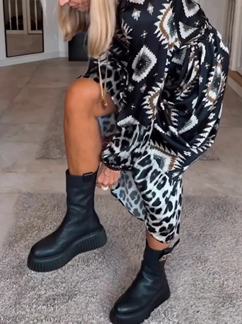 Women's Printed Long Sleeve Maxi Dress with Button Neck