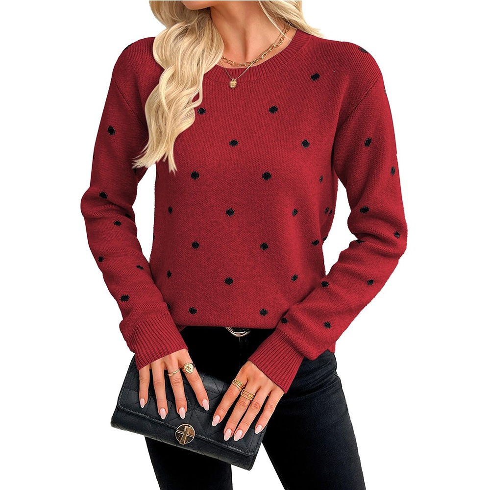 Women's Polka Dot Jacquard Knit Crewneck Pullover Sweater