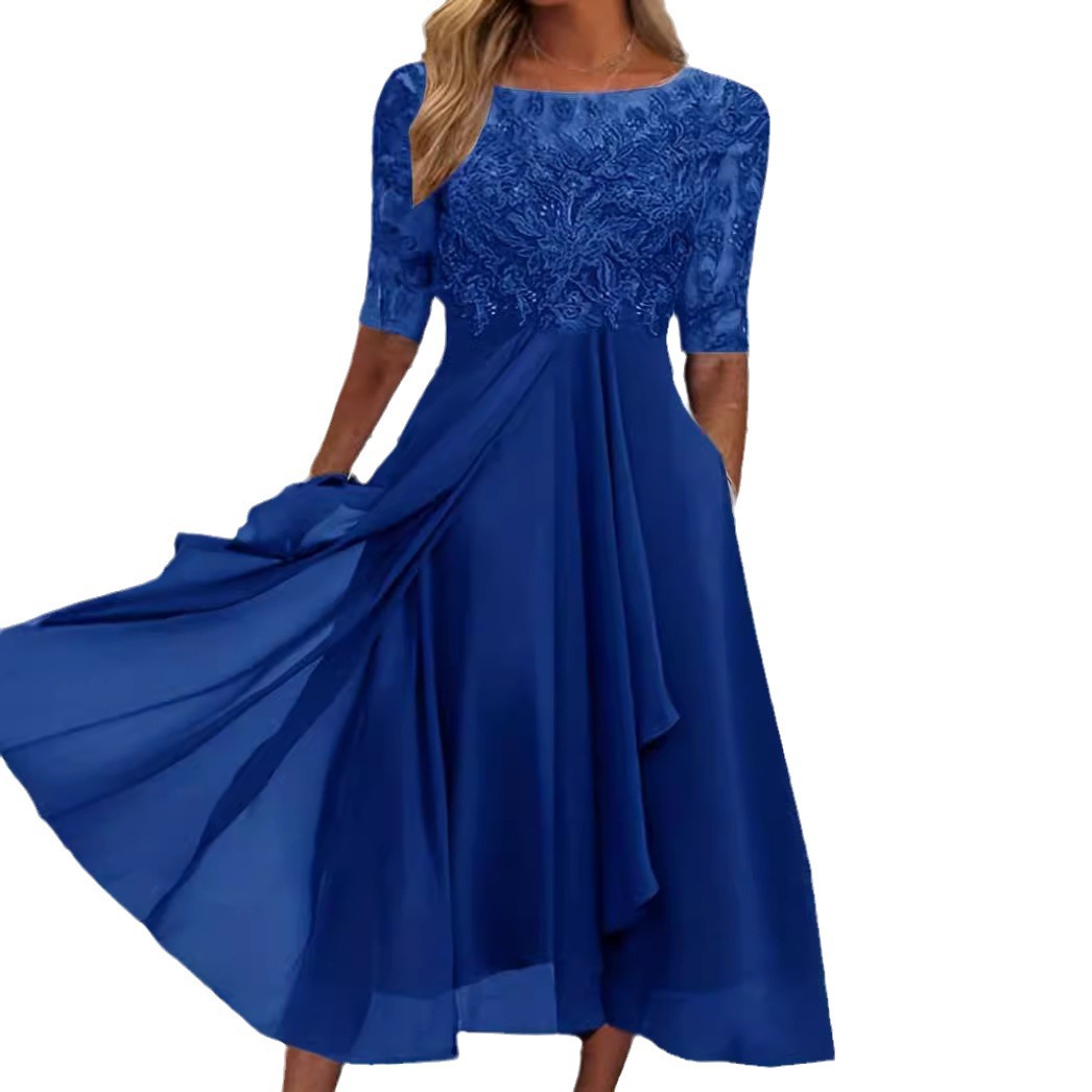 Women's Chiffon Lace Hollow-Out Long Dress Bridesmaid Evening Gown