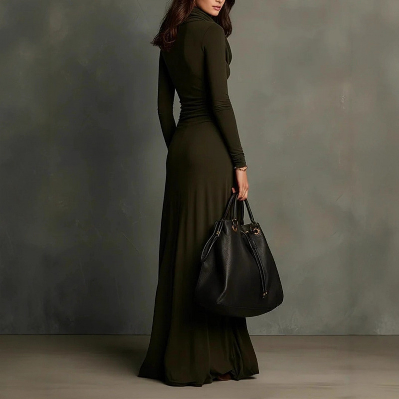 Elegant Ruched Cowl Neck Slim Fit Long Sleeve Dress
