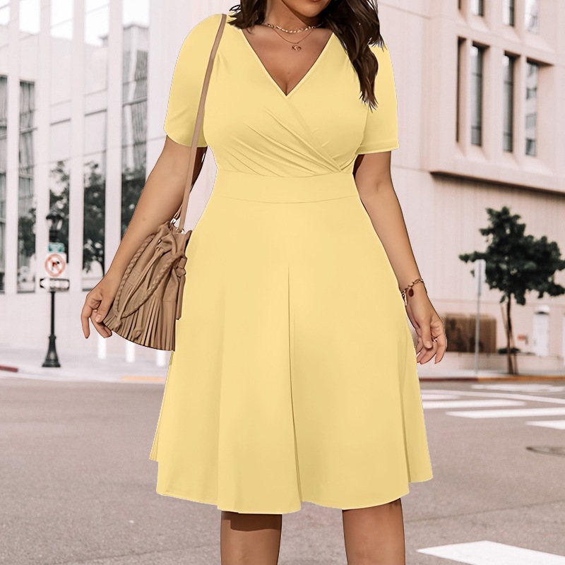 Women's V-Neck Pleated Midi Dress Short Sleeve Solid Color
