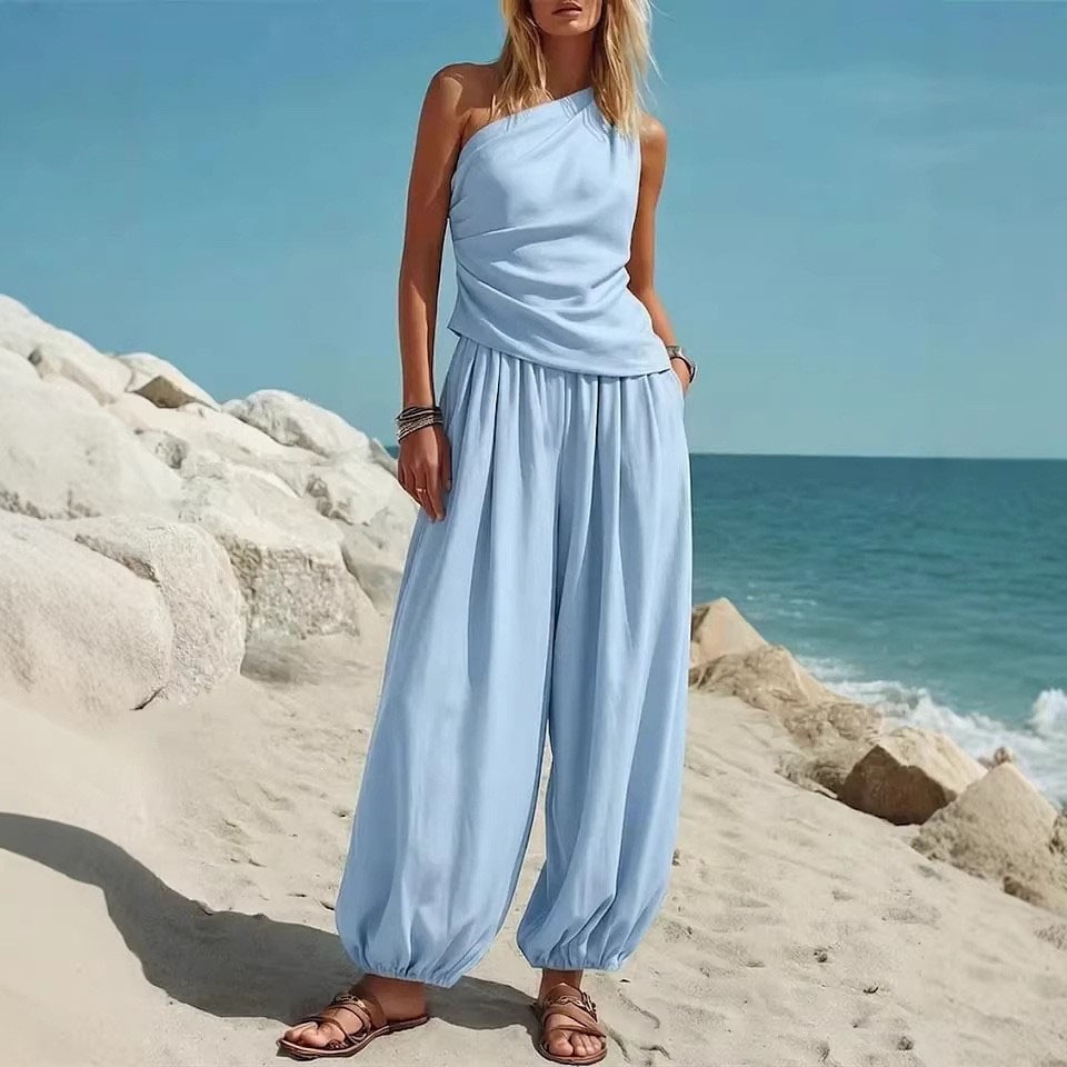 Women's Sleeveless Tank Top and High-Waist Pants Set Solid Color Casual