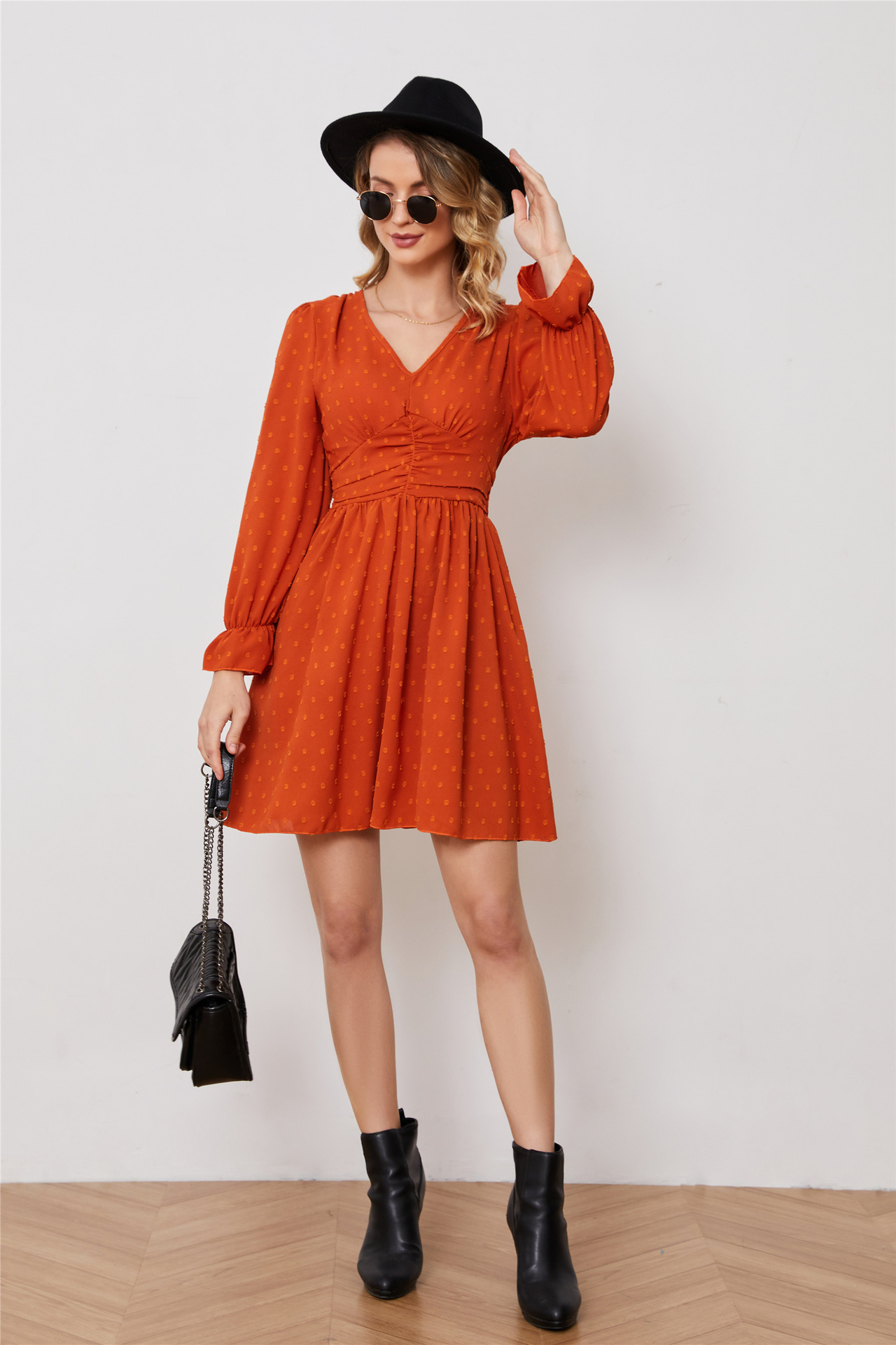 High-Waist V-Neck Chiffon Midi Dress with Polka Dot Print and Flared Sleeves