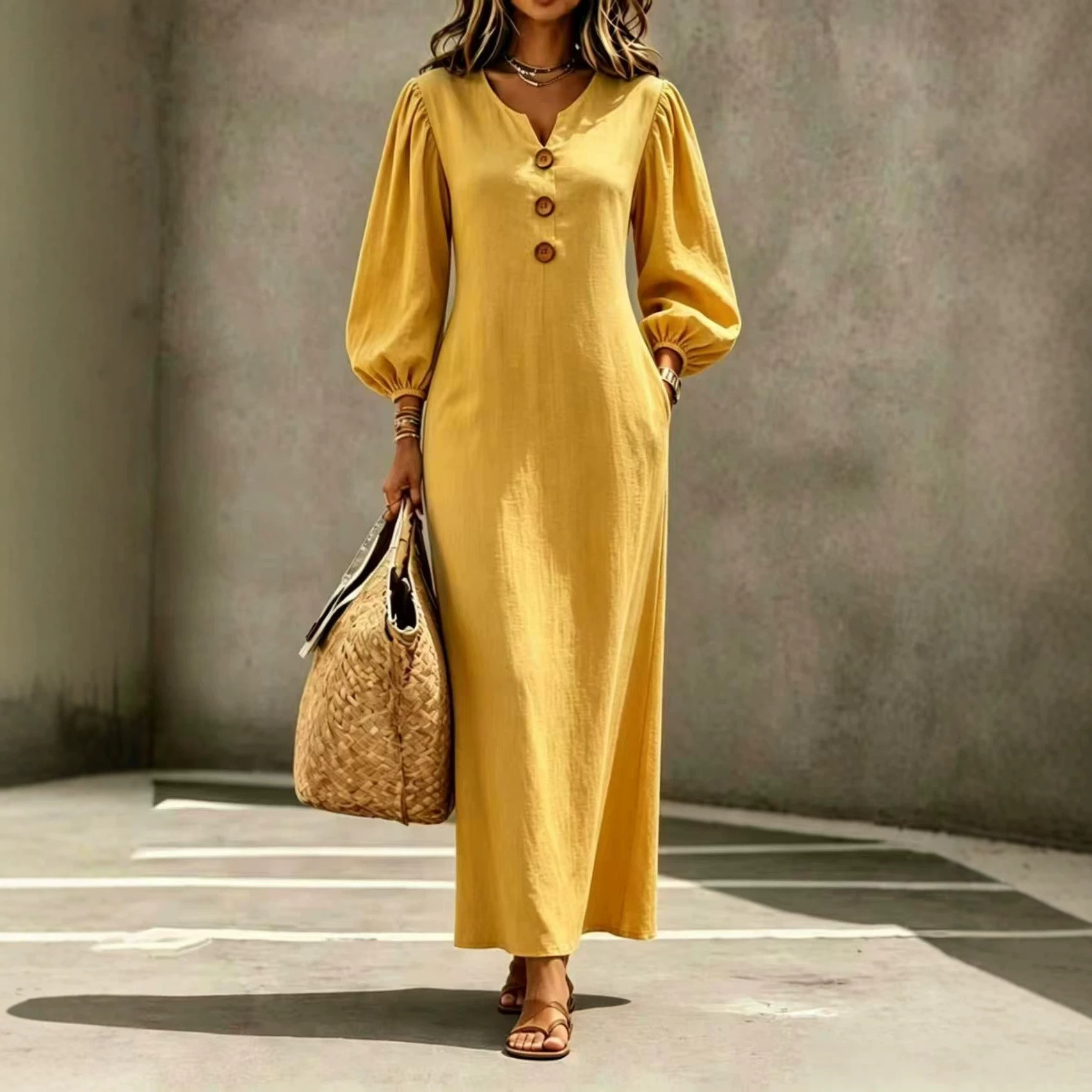 V-Neck Wooden Button Bubble Sleeve Loose Long Dress