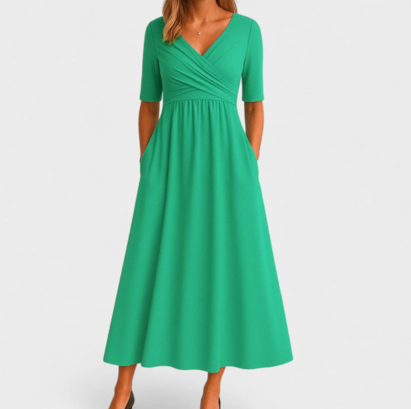 Women's Elegant Solid V-Neck Midi Sleeve Maxi Dress