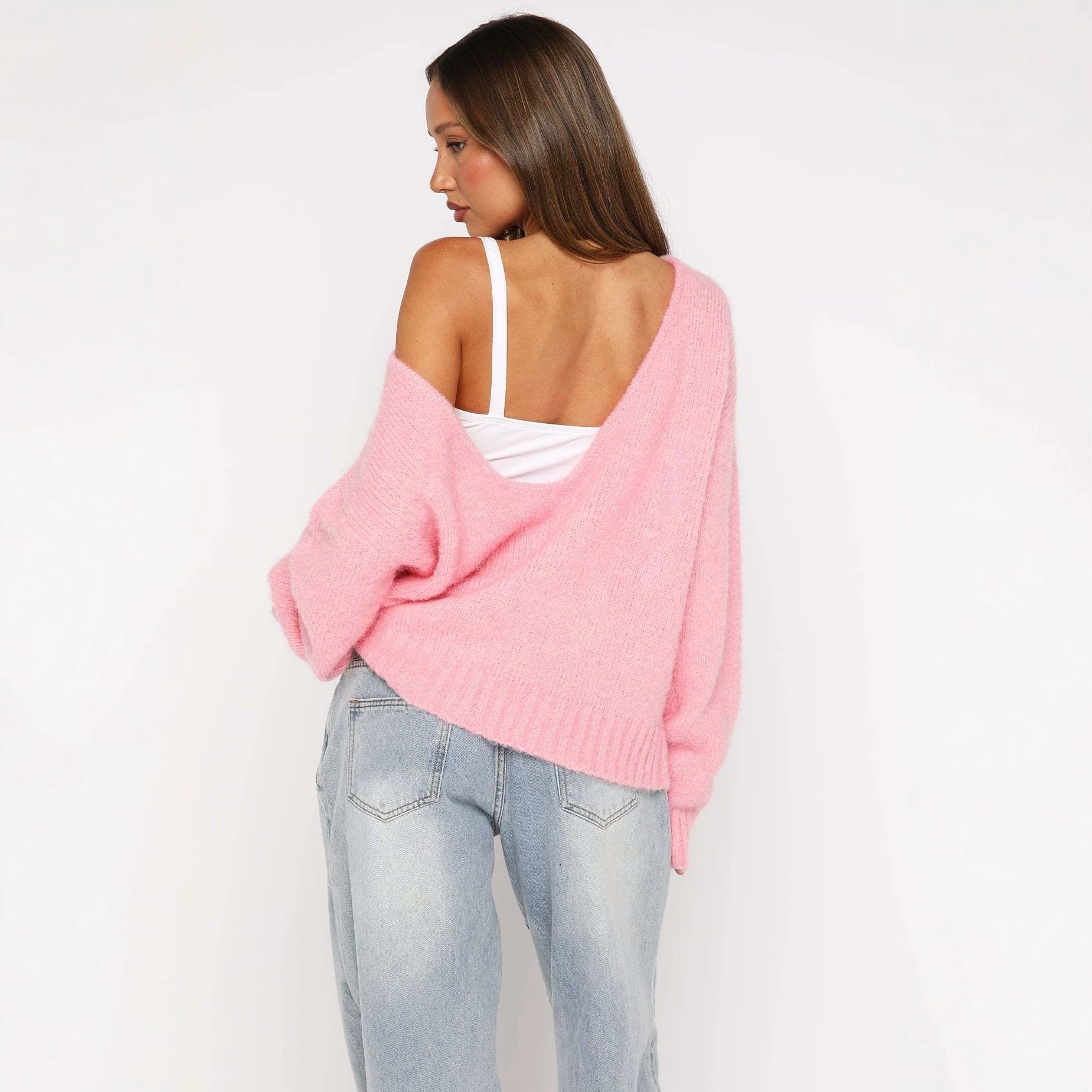 Open-Back Knit Sweater Loose Long-Sleeve Top