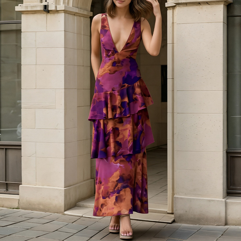 Elegant Botanical Print Cami Tiered Dress