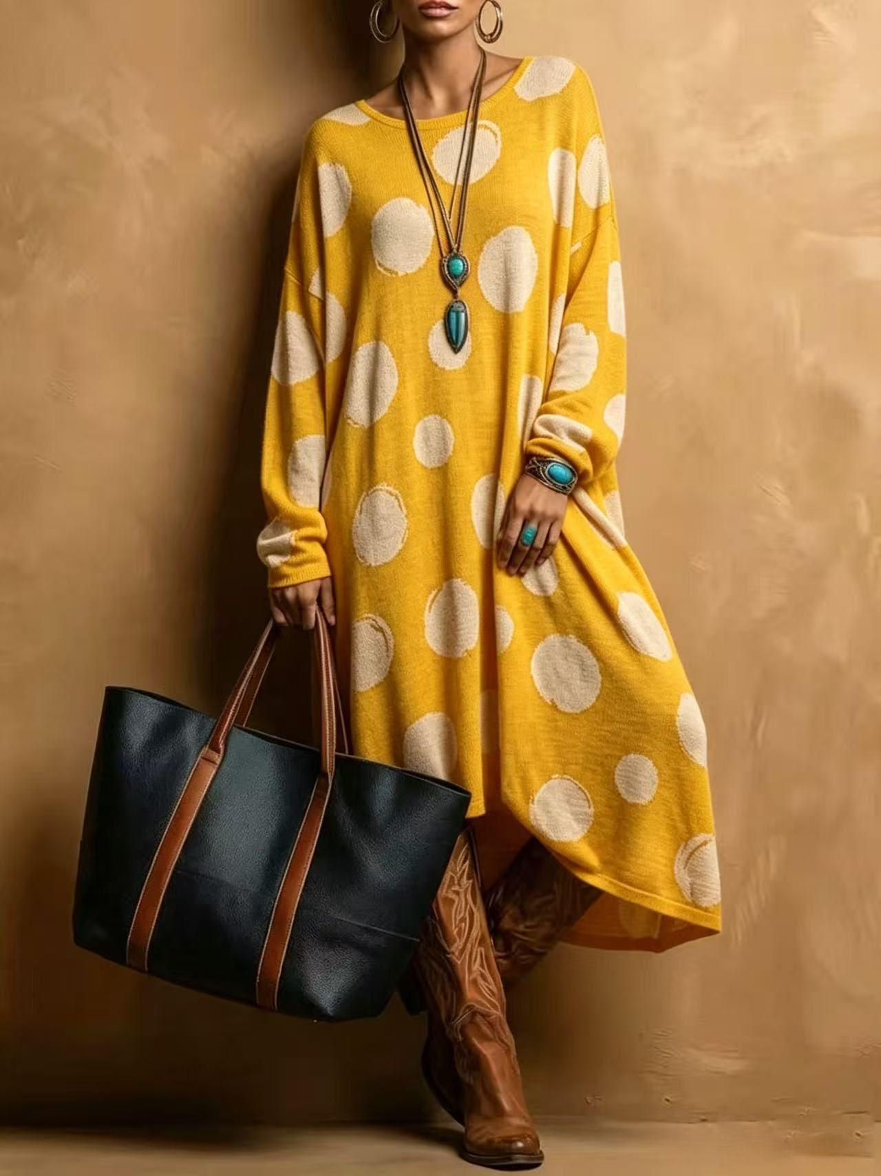 Retro American Polka Dot Print Loose A-Line Long Sleeve Round Neck Dress