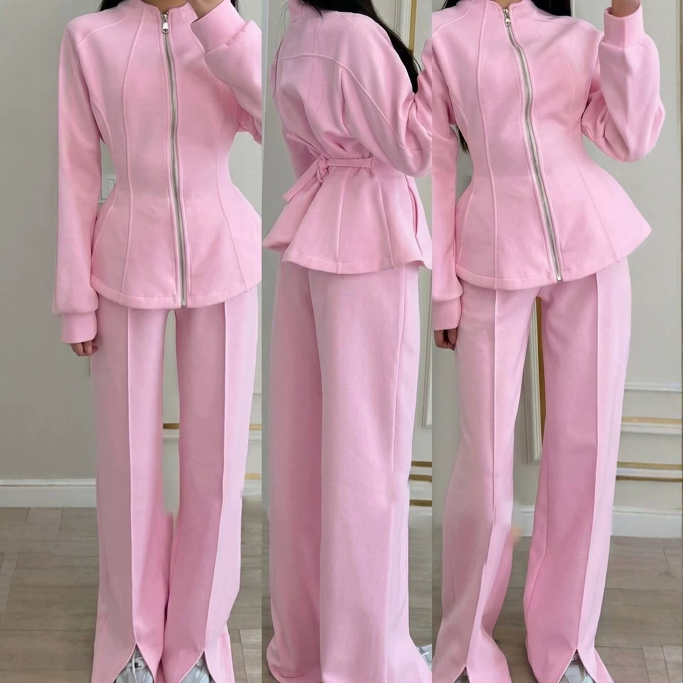 Women's Two-Piece Long Sleeve Jacket and Pants Set, Solid Color, Polyester