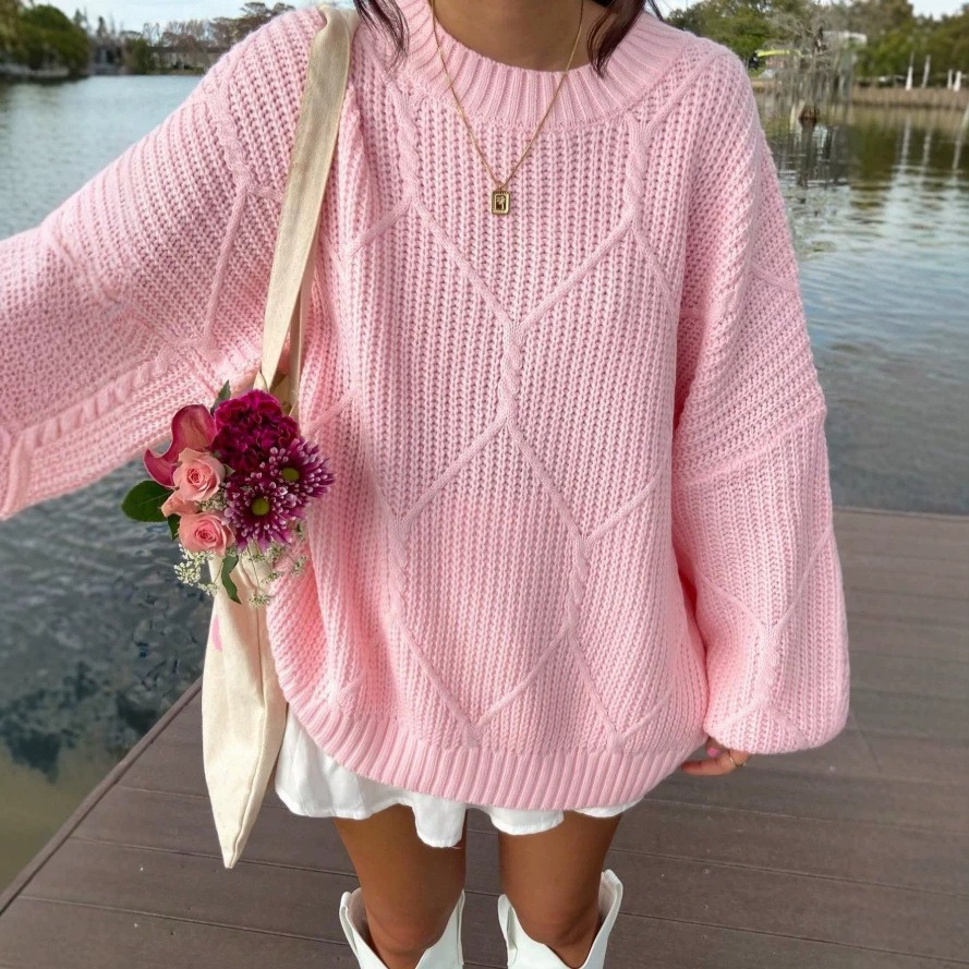 Women's Cable Knit Diamond Crewneck Pullover Sweater