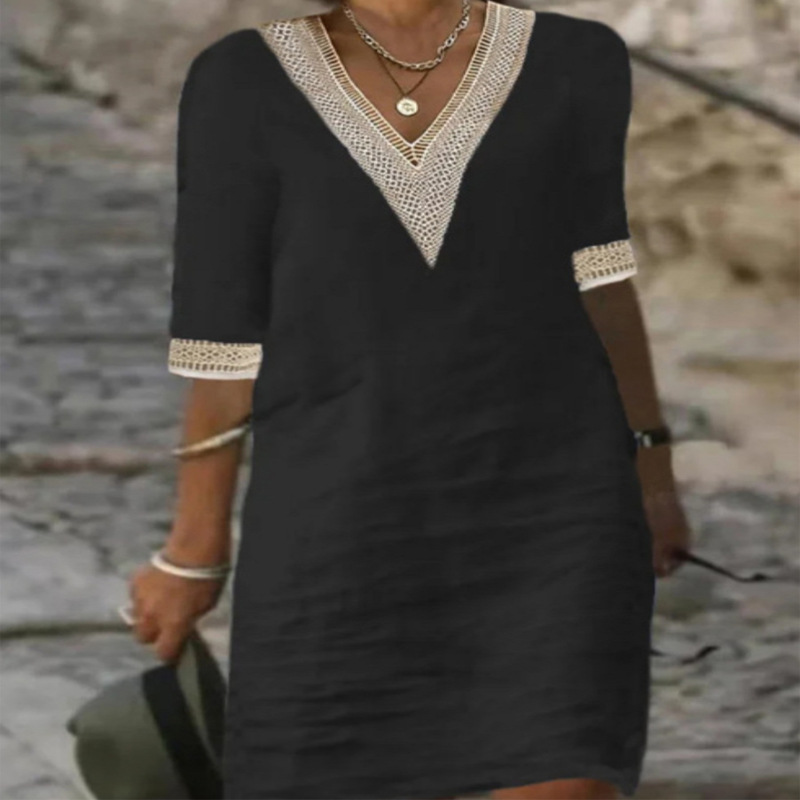 Women's Solid V-Neck A-Line Midi Dress Retro Short Sleeve