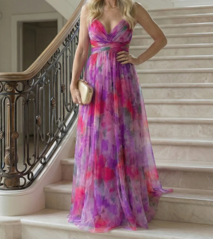Digital Print Chiffon Long Dress with Cinched Waist