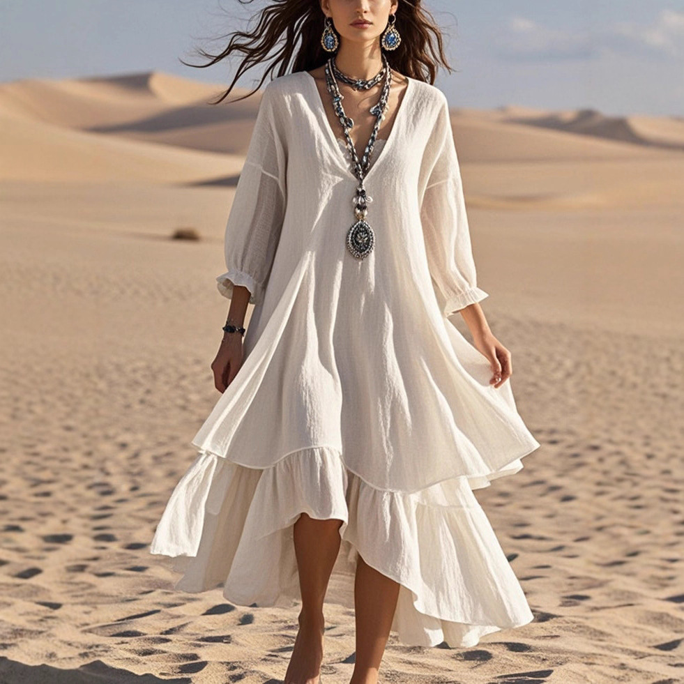 Women's Faux Two-Piece Linen Maxi Dress with Flowy Hem and Long Sleeves