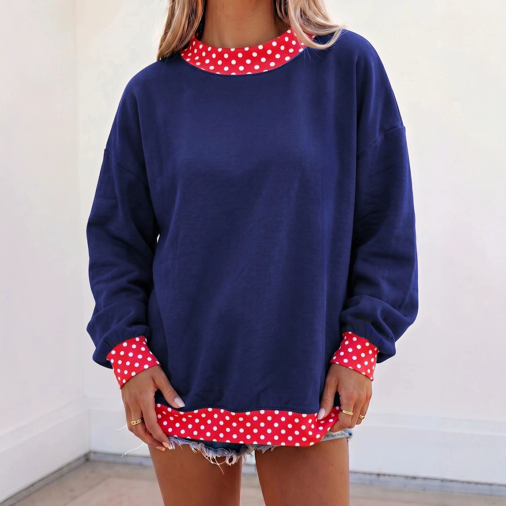 Color-Block Polka Dot Crewneck Loose Fit Women's Sweatshirt