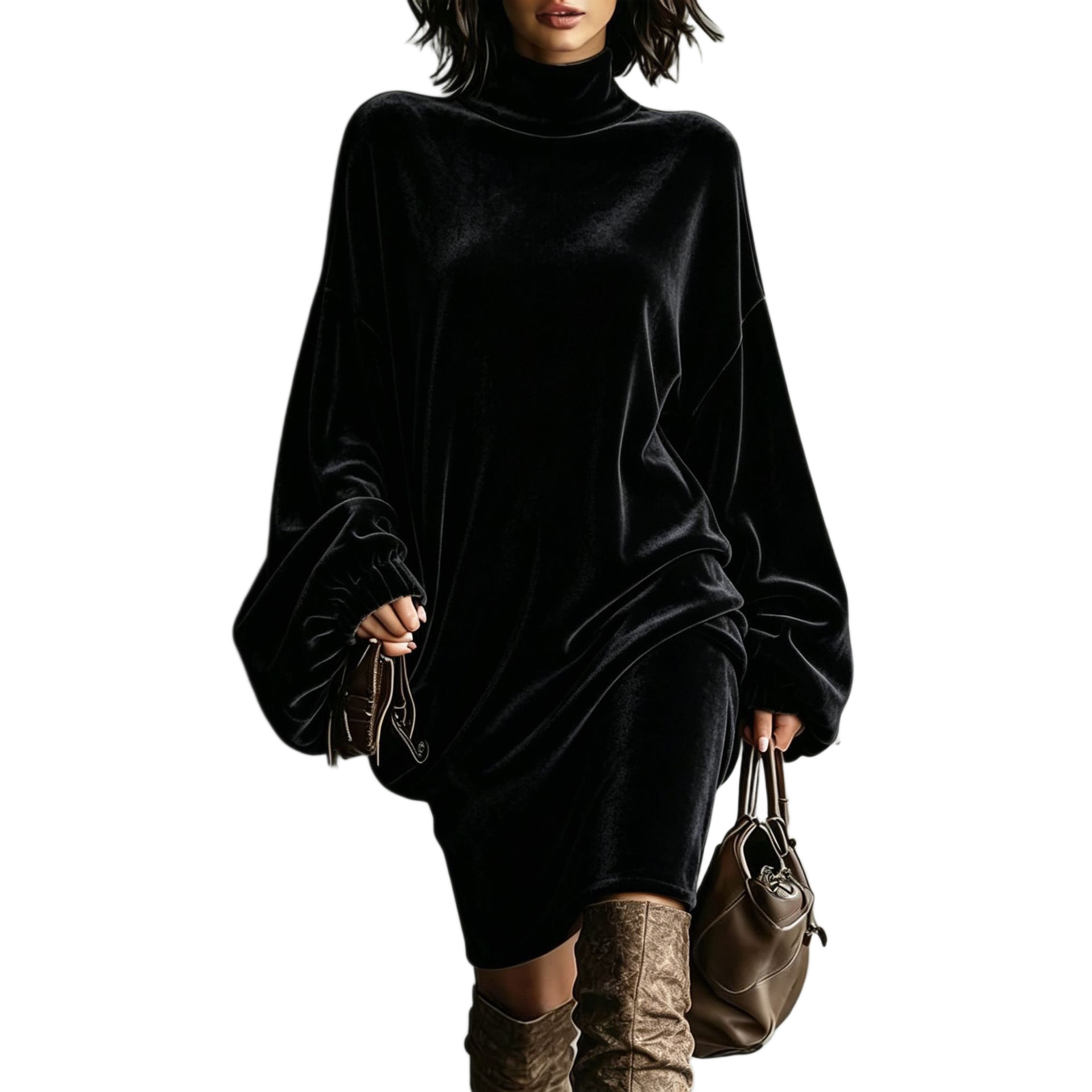 Velvet High Neck Loose Midi Dress Long Sleeve A-Line