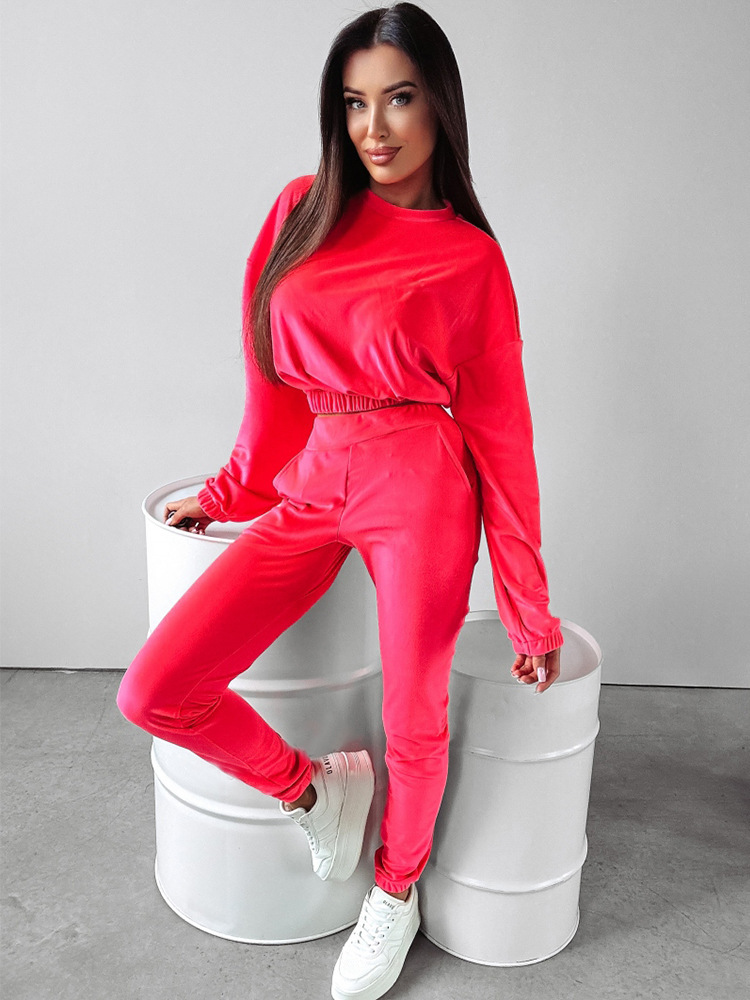 Women's Solid Color Long Sleeve Round Neck Fitted Hoodie and Jogger Two-Piece Set