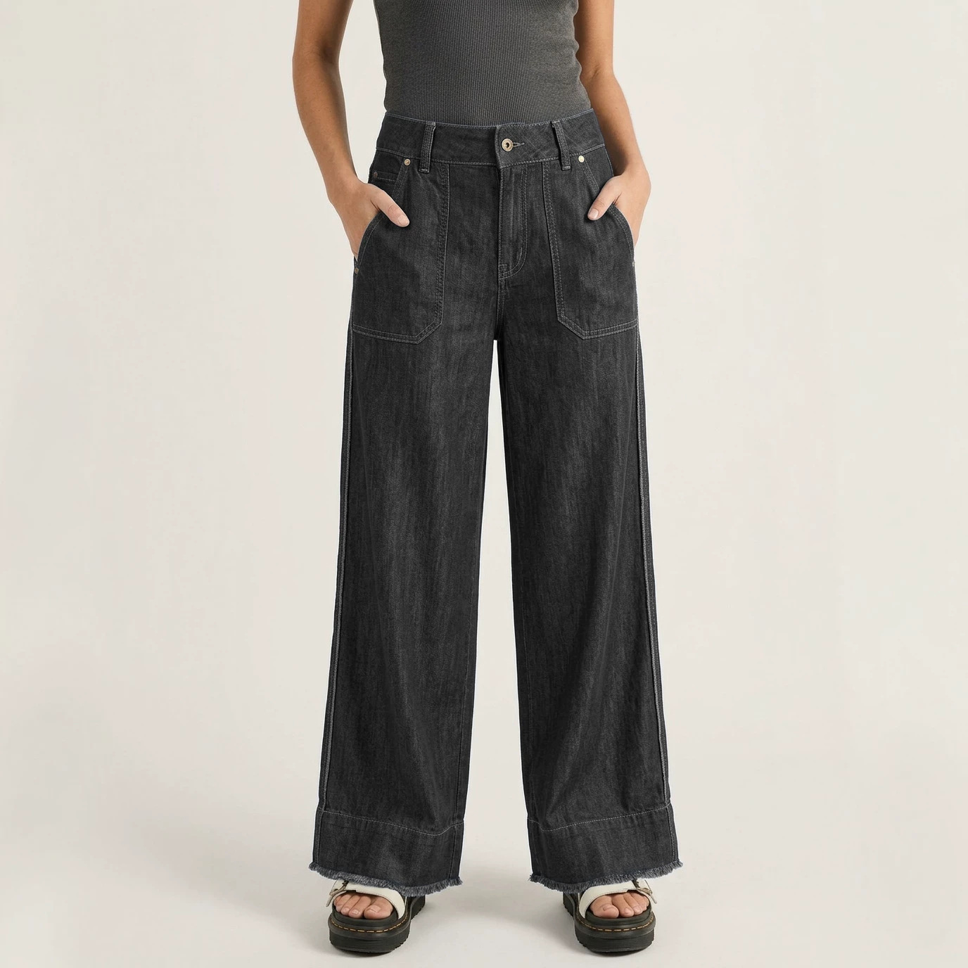 Women's Straight-Leg Washed Denim Pants Casual Commuter