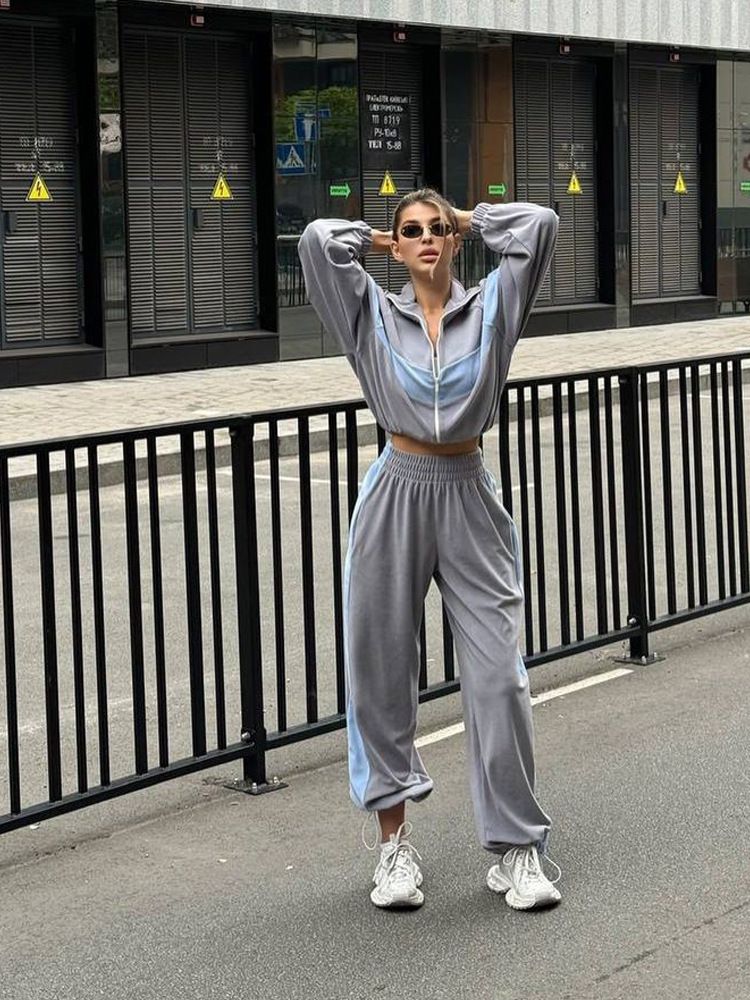 Women's Casual Colorblock Zip Cardigan and Pants Two-Piece Set